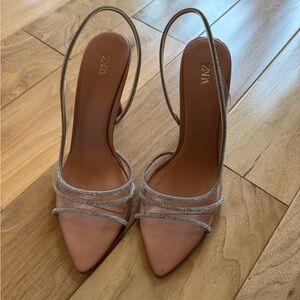 Zara Women's Nude Slingback Heels with Rhinestone Detail